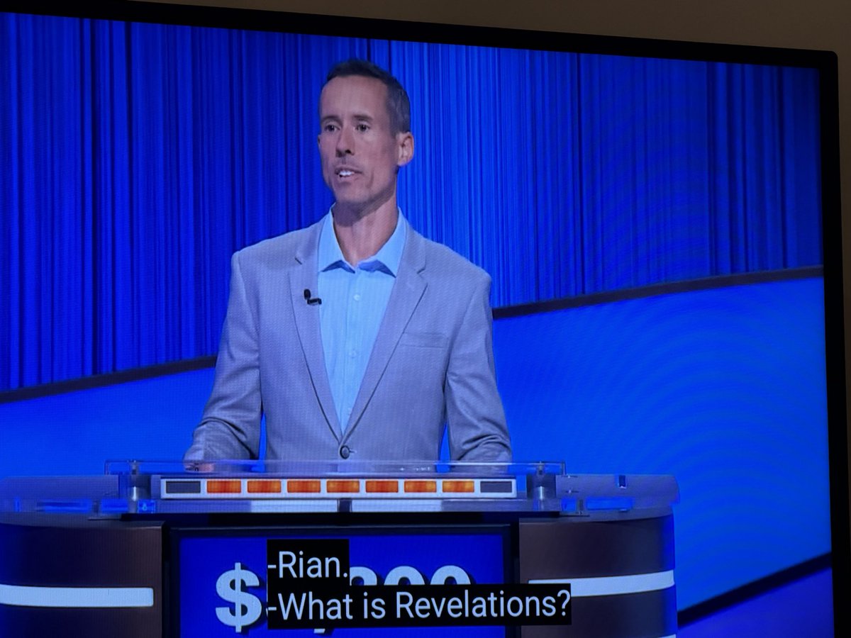 DorknessToLight's tweet photo. Props to Jeopardy! for not accepting this answer regarding the last book of the New Testament. As Em and the Professor have said many times … it’s singular!!! https://t.co/ShDrVfhtbP