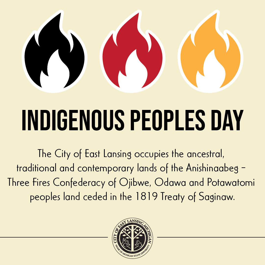 CityofEL's tweet photo. City of East Lansing offices and facilities will be closed on Monday, Oct. 12, in observance of Indigenous Peoples Day.

Read more: https://t.co/9tlYYXHoCI https://t.co/jhIvduXCIq