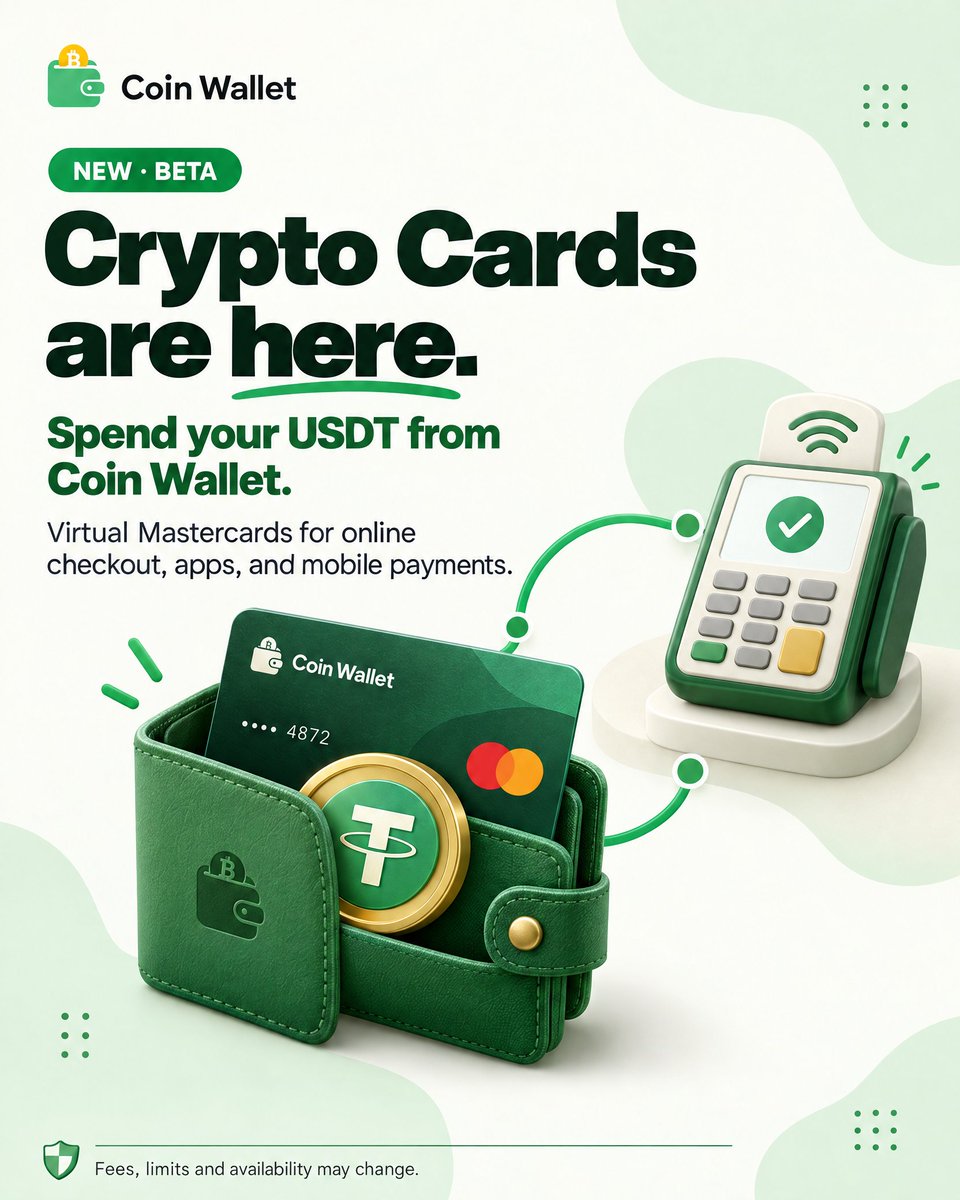 CoinAppWallet's tweet photo. Crypto Cards are now live in Coin Wallet.
AURUM lets you top up a virtual Mastercard from USDT and spend online, in apps or via Apple Pay and Google Pay.
2% top-up. 1.5% per transaction. No monthly fee.
AZURE issuance is paused.
One KYC check per account. Fees, limits and regional availability apply.