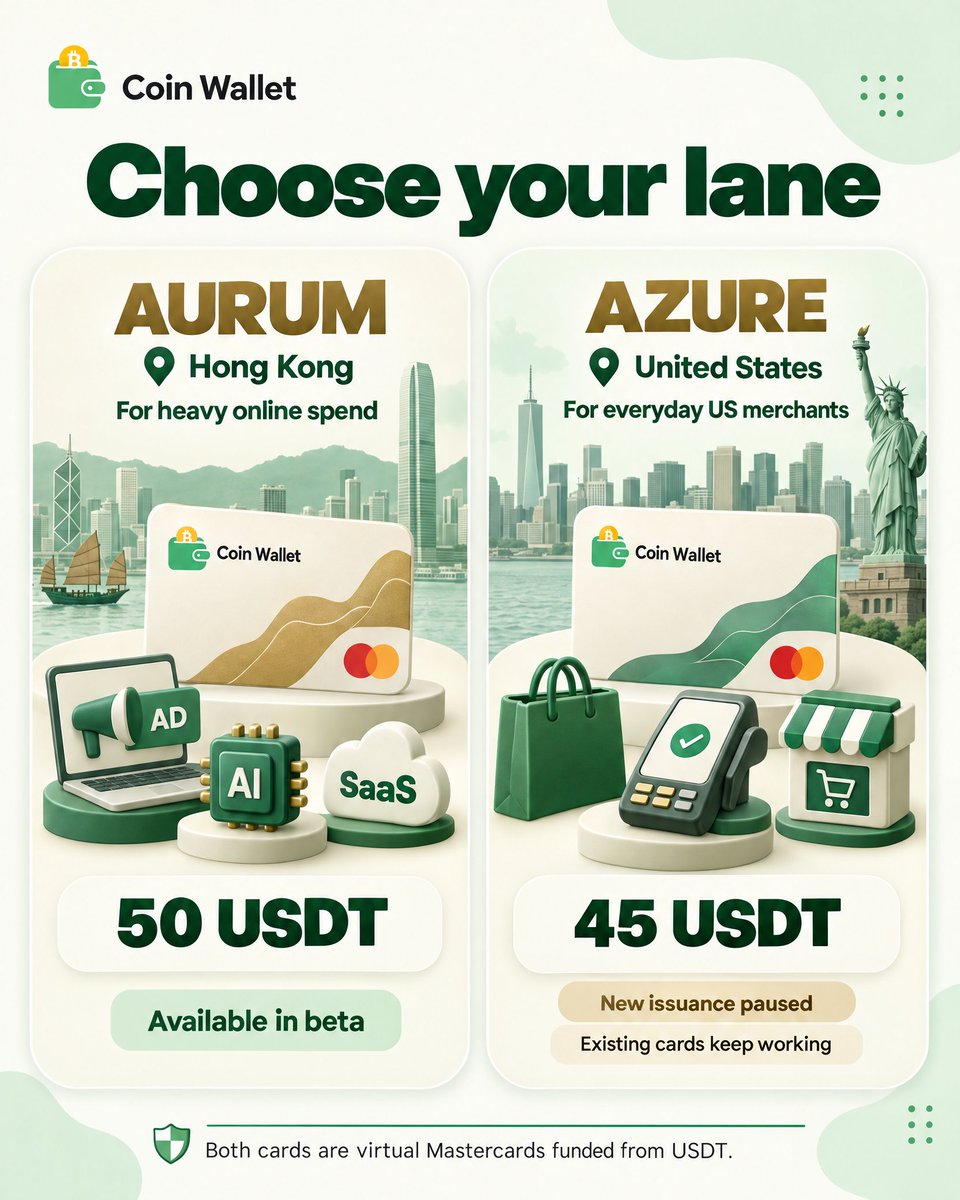 CoinAppWallet's tweet photo. Crypto Cards are now live in Coin Wallet.
AURUM lets you top up a virtual Mastercard from USDT and spend online, in apps or via Apple Pay and Google Pay.
2% top-up. 1.5% per transaction. No monthly fee.
AZURE issuance is paused.
One KYC check per account. Fees, limits and regional availability apply.
