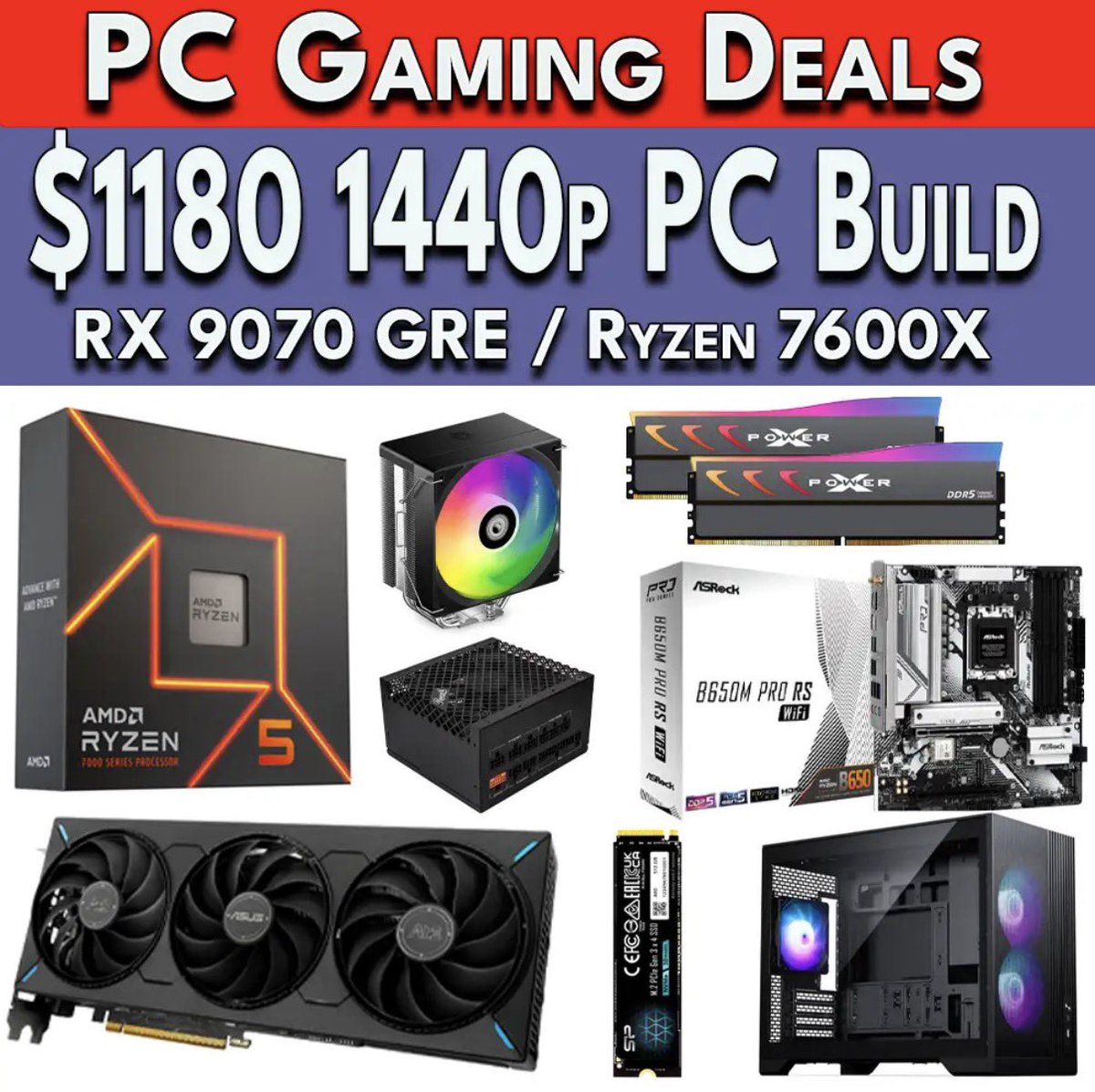 PCBuilderJason's tweet photo. BUILD LIST▶️ https://t.co/4oQQTPJ8DT Amazing 1440p Gaming PC for Prime Day 2026. AM5 Ryzen 5 CPU, RX 9070 GRE 12GB and everything you need! 100+ FPS across a wide range of titles at 1440p Ultra settings. Get it while you can! https://t.co/LH8eL8diF9