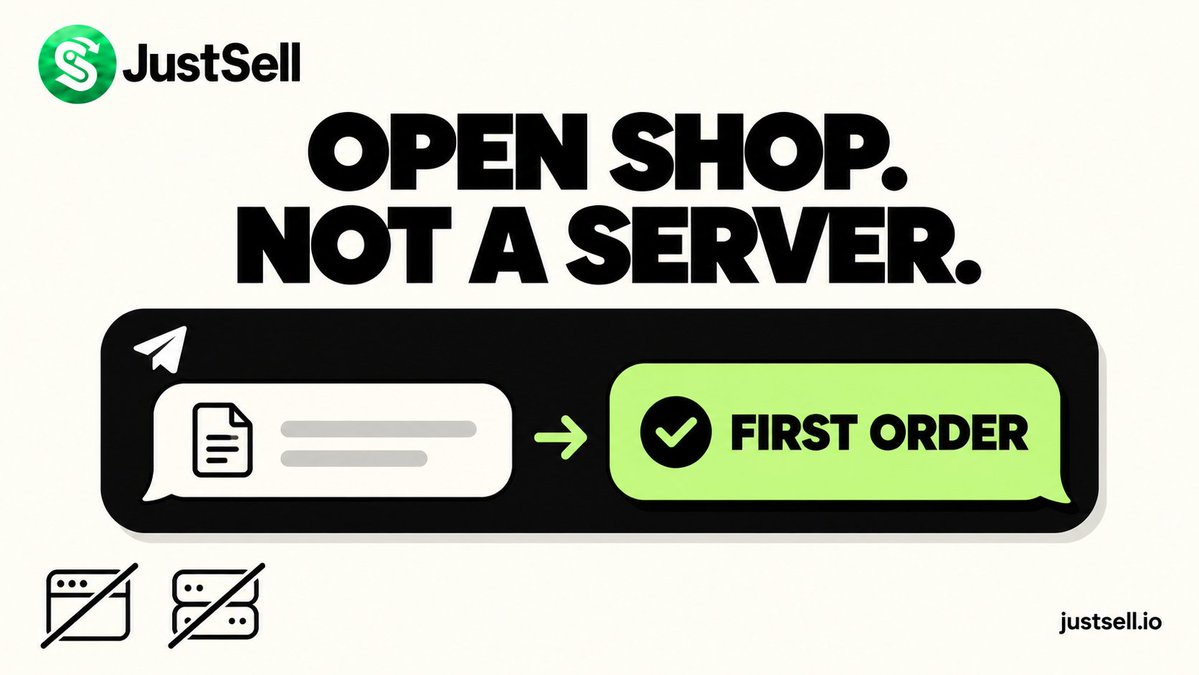 justsellio's tweet photo. No website or server to build. 

Start a JustSell shop in Telegram, add a key, file, invite or booking, and take the first order in chat. https://t.co/apbehhcxzj