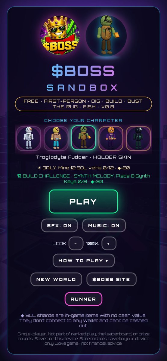 TheBossCoin_SOL's tweet photo. $BOSS Sandbox v0.8 is live 🎮

All 22 $BOSS skins are now real 3D characters, Troglodyte Fudder included. Plus companions (Pump Pup, Shard Sprite, HODL Crab), photo mode, and a Daily Build Challenge.

Free in your browser 👇
https://t.co/p231HBasTt https://t.co/YhhphGEVSd