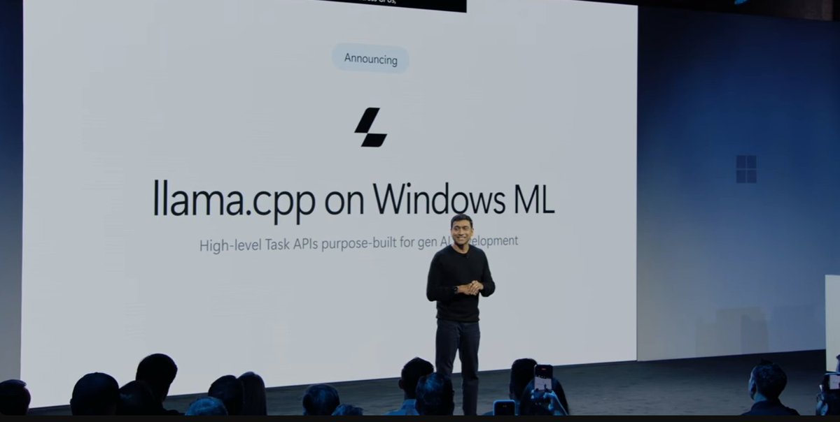ggerganov's tweet photo. It is very cool to see llama.cpp on the big stage in todays Windows event!

The software and hardware stacks are finally coming together. Our community has put a lot of hard work in the past years and it shows.

Looking forward to more users embracing local AI. https://t.co/vmn8fy9TQ9
