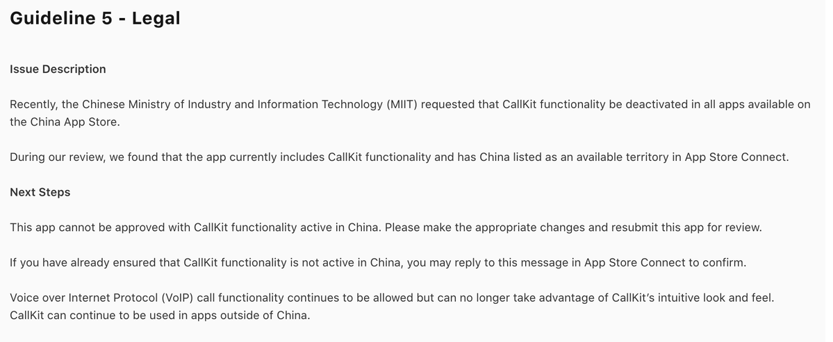 freak4pc's tweet photo. anyone using CallKit and got this new #AppReview issue ? 

the review notes: 
> CallKit can continue to be used in apps outside of China.

but suggesting a fix like: 
Storefront.current?.countryCode == "CHN" ... 

doesnt seem to be acceptable. suggestions? @RevenueCat maybe? https://t.co/oWRt39WMDQ