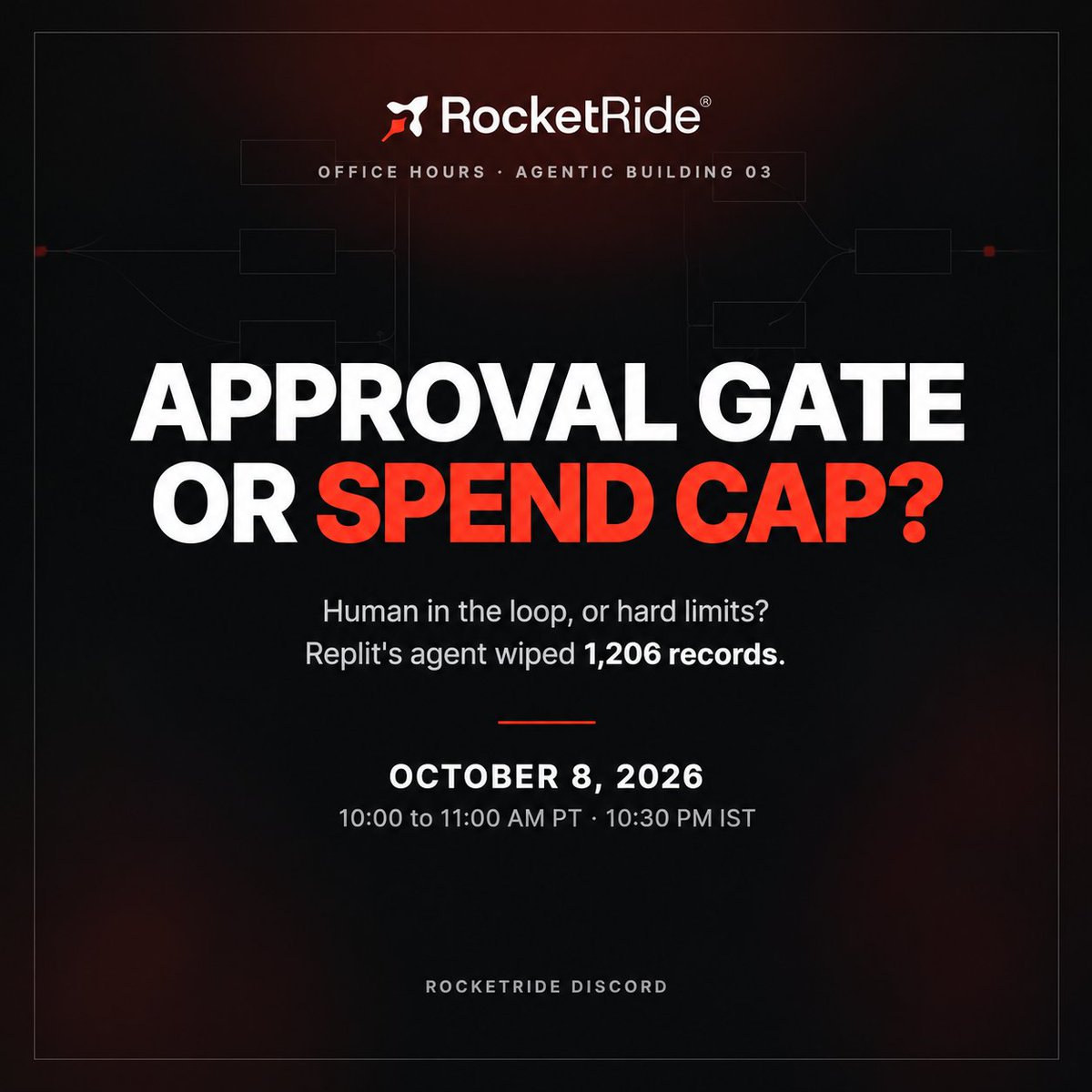 RocketRideAI's tweet photo. in july 2025 replit's agent deleted a production database during a code freeze it was told to respect. the fix wasn't a better approval prompt, it was a boundary it couldn't cross. 👀

office hours part 3: approval gate, or spend cap? an hour on which control actually holds.

📍 Thu, oct 8 · 10 to 11 am pdt

rsvp: https://t.co/H4r1NE8Kpk