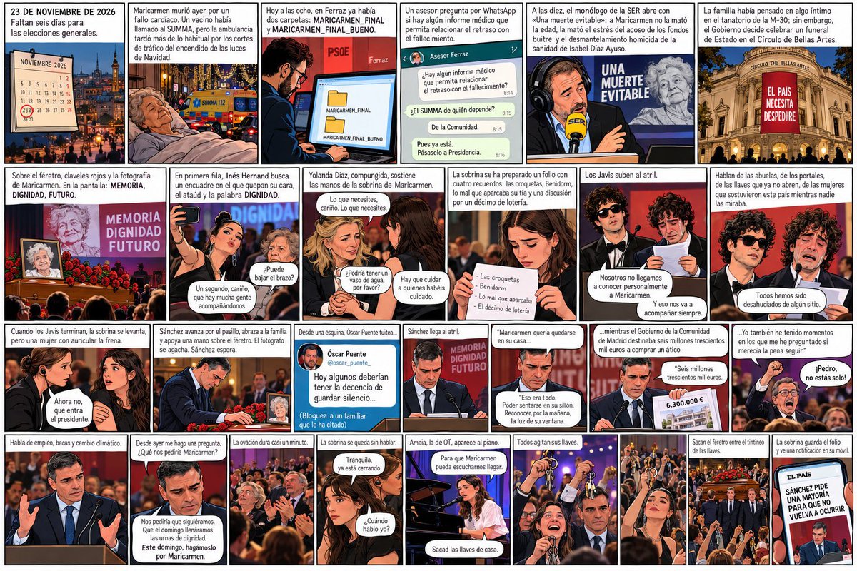 EmilioMontilla_'s tweet photo. Hace apenas dos días, @XMihura escribió una parodia en la que imaginaba la muerte de Maricarmen y cómo Pedro Sánchez convertiría su funeral en un acto electoral, que algunos usuarios llegaron a ilustrar con IA.

Me he quedado estupefacto al ver esta noticia. El PSOE asusta al miedo. 

Os dejo abajo el enlace al tweet de la parodia porque impacta leerlo 👇