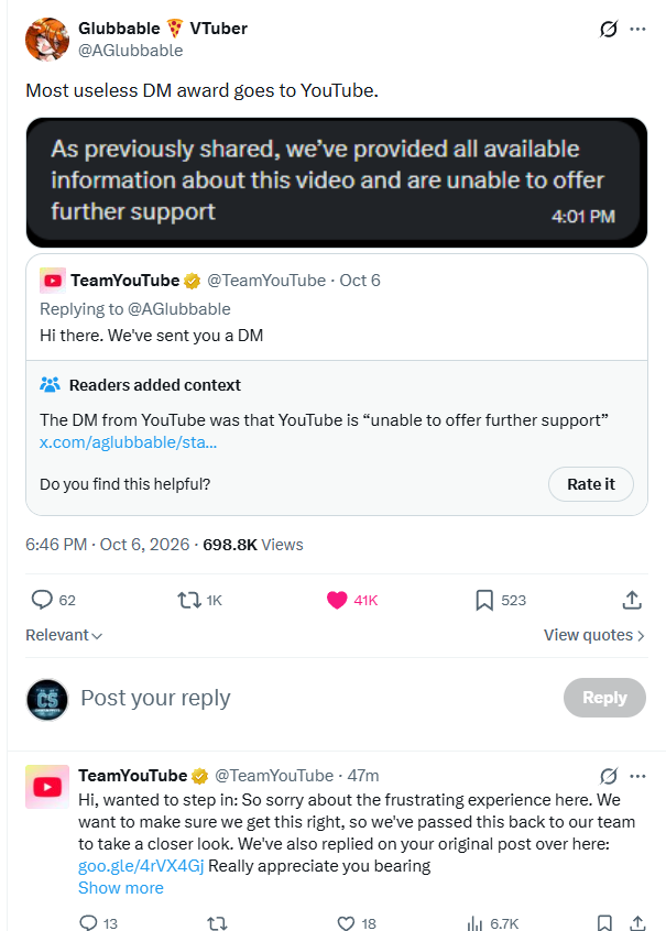 arsyt124's tweet photo. Yeah, of course. When a tweet goes viral and the creator has a huge following, suddenly there’s an apology, a closer look, the channel gets restored, and maybe even $1M wired to their bank account. 😂

But when it’s us smaller creators, our channels get terminated, we receive generic AI responses - or no response at all.

What a shameful system. YouTube is one of the biggest companies in the world, yet this is how creators are treated.

I’ve been without my 2 YPP channels for almost 2 months. I was terminated for “Circumvention” because my friend’s channel was wrongfully terminated for “Spam.” We’ve read the policies countless times and we are completely certain that neither of us violated them. This was simply a mistake by YouTube’s enforcement system.

I even contacted their Legal Support team yesterday and today, thinking that maybe someone would finally take a real look at the case.

Guess what? I got the same generic response twice.

There’s clearly no one actually looking at these cases. You can provide all the evidence you want, but apparently nothing happens until your post gets 1M views.

That’s honestly shameful.

Small creators deserve a REAL human review too. We deserve the same chance to be heard. 🙏

@TeamYouTube @nealmohan @FTC @YouTube @YouTubeCreators @Google
