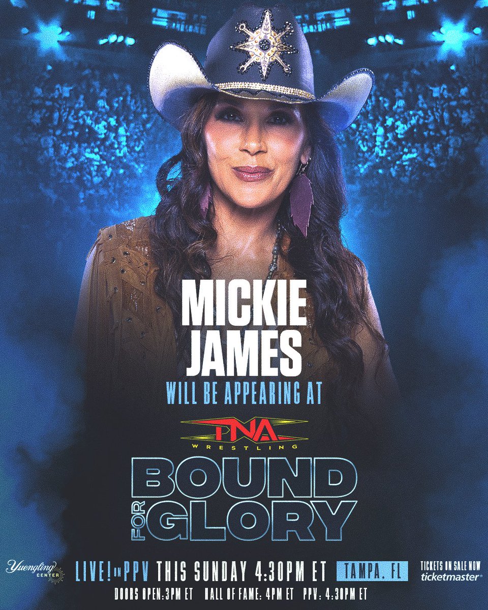 ThisIsTNA's tweet photo. ICYMI: TNA Hall of Famer "Hardcore Country" @MickieJames will be appearing at #TNABoundForGlory on October 11 LIVE on PPV and TNA+ from the Yuengling Center in Tampa!   

Use code NXT50 to save 50% on tickets: https://t.co/w3Q52rjwnr https://t.co/Pg3xmkf3ah