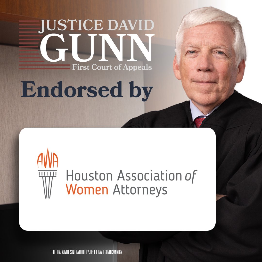 JusticeDGunn's tweet photo. I’m honored to receive the endorsement of the Houston Association of Women Attorneys, and I’m grateful for their confidence in me.

Serving on the First Court of Appeals is the honor of my professional life. Every case deserves careful preparation, thoughtful analysis, and a faithful application of the law. I remain committed to bringing that approach to every decision.

My sincere thanks for their support. Early voting begins October 19.