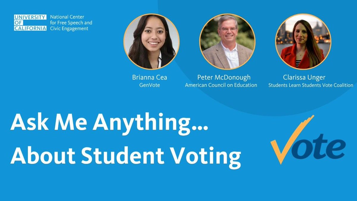 ucfreespeech's tweet photo. Watch the video from our webinar “Ask Me Anything… About Student Voting” and hear from experts from @ACEducation, @GenVoteUS and Students Learn Students Vote Coalition.👇
https://t.co/BV4pBIe90C https://t.co/vpA2SQdfXh