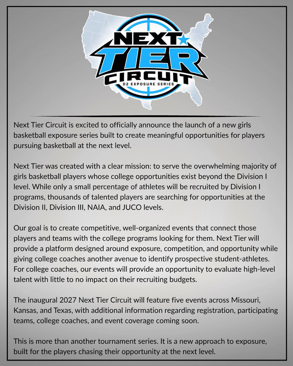 NextTiercircuit's tweet photo. 🚨 Excited to officially announce the next step in girls grassroots 🏀. 
A circuit designed to help ALL players who will play NON-D1 🏀.
Clubs - these are real chances to get your players recruited.
College coaches - these events provide talent with little impact to your budget. https://t.co/YZLwIZ0UTT