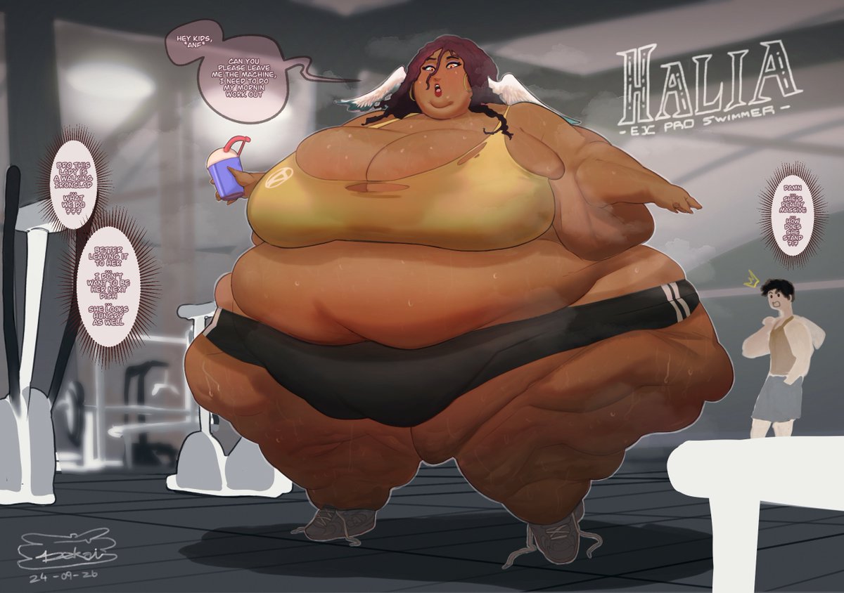 WaifuDekai's tweet photo. -gym daily Routine, now a memory of old days-

halia, an ex pro athlete swimmer embraces her retirement some years ago; beside her body not being the same one of her golden days, her habits didn’t left her, keeping the same meals and caloric shakes drive her into a spiral of s perpetual bulking, where the body wasn’t able to burn all of that. making Halia as what she’s now…

beside her huge size she manage to walk and stand pretty well ^^
-collab trade with  @Thanzenn