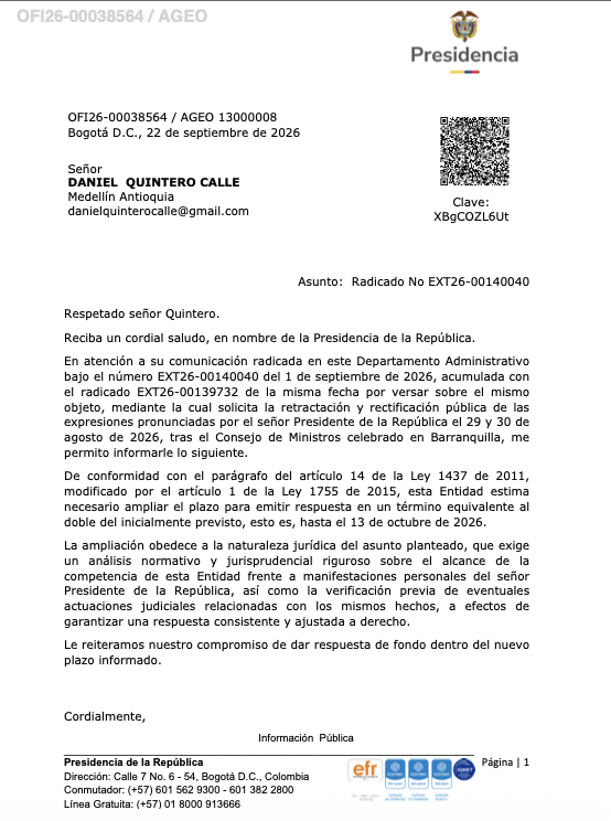 QuinteroCalle's tweet photo. 1 sept: pido al presidente rectificar.
22 sept: el último día del plazo, Presidencia aplaza su respuesta.
28 sept: firma el Decreto 1446; las tutelas contra él pasan de los jueces al Consejo de Estado.

A ese tribunal le pido: la Constitución y la defensa del ciudadano por encima del poder presidencial.