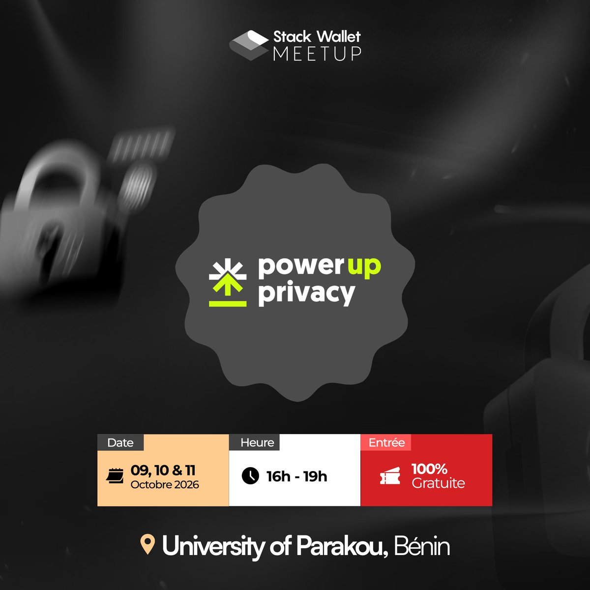 mercianoalia's tweet photo. Adoption never stops. 

We’re taking the journey one step further, bringing privacy, Web3 education and community closer to you.

Proud to announce another Stack Wallet Meetup, in partnership with Power Up Privacy, for 3 days of immersion at the University of Parakou. 

📅 October 9–11, 2026
🕓 4 PM – 7 PM
📍 University of Parakou, Benin
🎟️ 100% FREE

Three days to learn, connect, exchange ideas and discover more about privacy and the future of Web3.
Come join us, bring your questions, and let’s keep spreading the privacy gospel. 

See you in Parakou