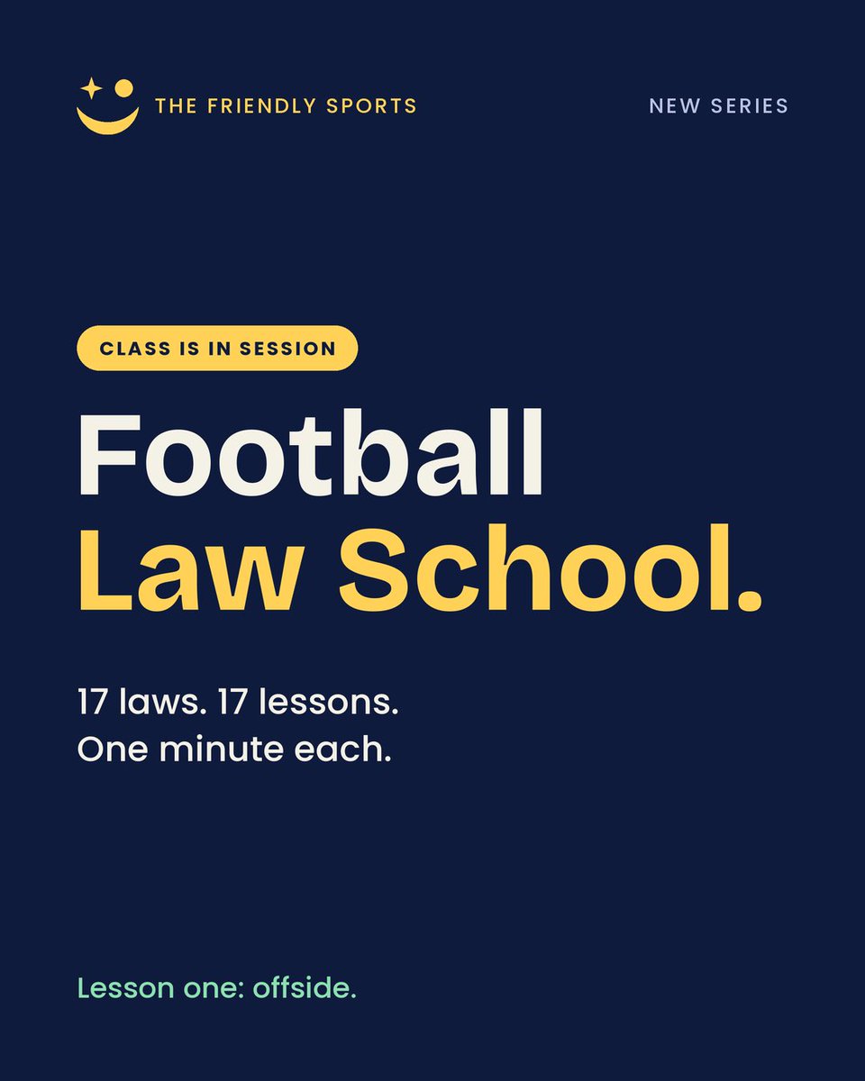 friendlySport's tweet photo. Class is in session. *Welcome to Football Law School.*

Football has just *17 laws.* Most of us have loved the game for years without ever learning them. That changes now.
Two lessons a week. One law at a time. Six slides and one minute each. By the end, you'll know every law in the book.
We start with the one everybody argues about: *OFFSIDE*

Bring a friend. Nobody should sit this class alone.

Know more. Cheer louder.🎊🎊
#SportsUpdate #MessiAdiós #FootballTips #trending #trendingpost