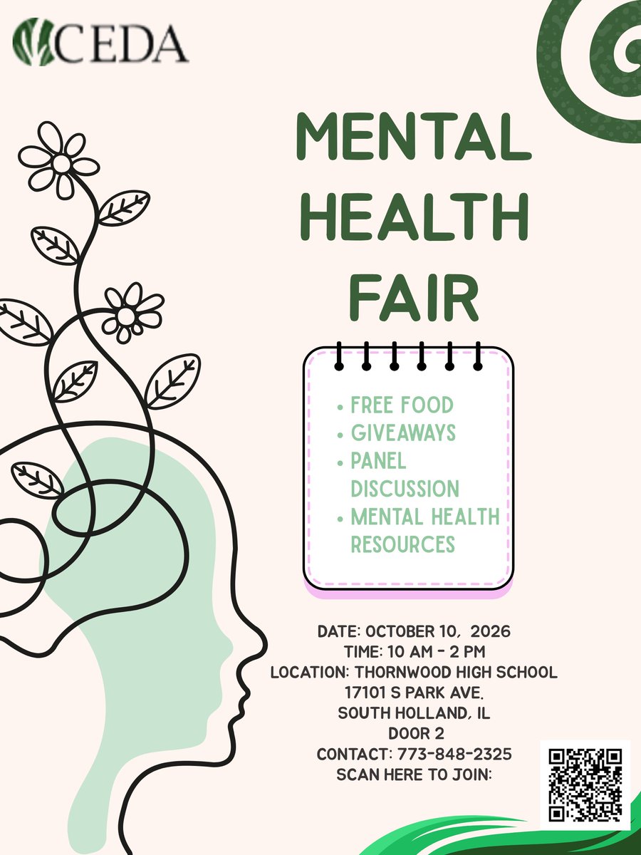 CEDACookCo's tweet photo. Save your Saturday destination.
CEDA Mental Health Fair
Oct 10, 10 AM–2 PM
Thornwood High School, Door 2
17101 S Park Ave, South Holland
Free food + raffles.
Register: scan flyer QR.
#MentalHealth #CommunityWellbeing #StopTheStigma #MentalHealthSupport #SouthHolland #CookCounty https://t.co/99KEfnKpwE