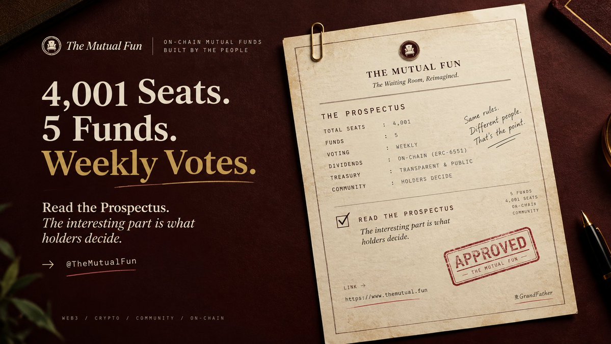 Grand_father007's tweet photo. I actually went down the @TheMutualFun rabbit hole today.

4,001 Seats, 5 funds, weekly votes.
What got me interested is that the funds all start with the same rules, but the people inside them decide how they evolve where to allocate, how much profit to take, and how much to burn.
And the dividends sit in your seat’s on-chain Briefcase.
Interesting experiment🔍
