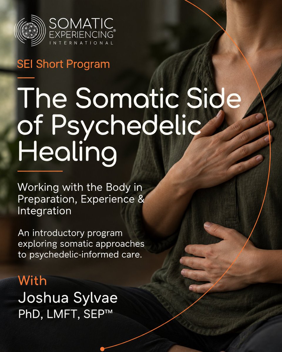 Somatic_Exp_Int's tweet photo. What role does the body play in psychedelic preparation and integration?

Join Joshua Sylvae, PhD, LMFT, SEP™, for The Somatic Side of Psychedelic Healing: Working with the Body in Preparation, Experience &amp; Integration. https://t.co/JdfRpHnYyf