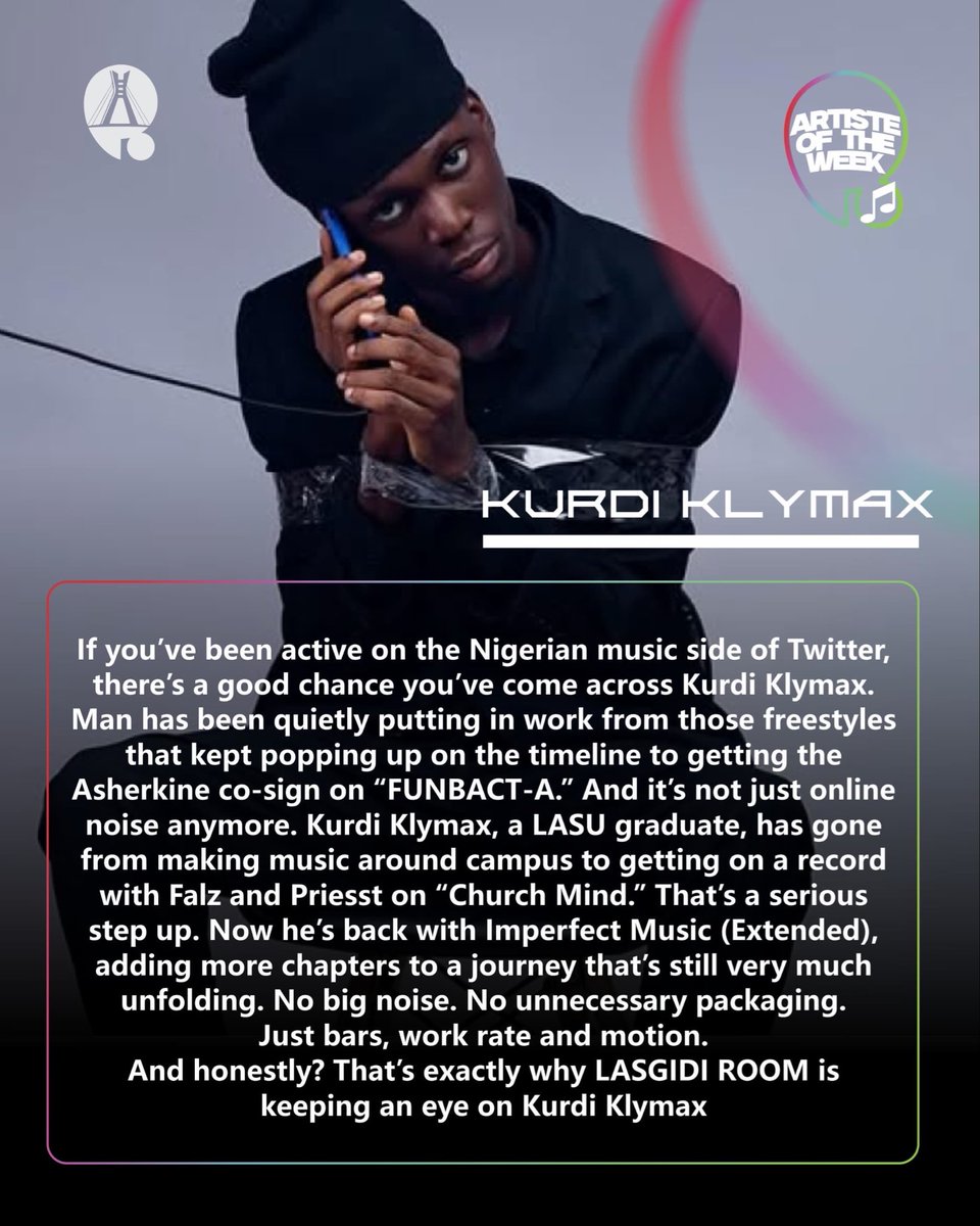lasgidiroom's tweet photo. ARTIST OF THE WEEK

We spotlight @KurdiKlymax from his freestyle runs and Asherkine co-sign to his feature with Falz &amp; Priesst and now his latest EP, Imperfect Music (Extended)

#lasgidiroom #artistoftheweek https://t.co/qiCrZH9qDx