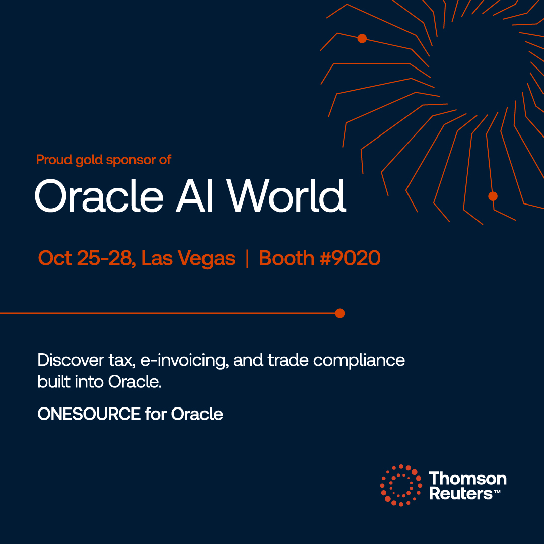 yourONESOURCE's tweet photo. We’re heading to Oracle AI World 2026. 

Join Thomson Reuters October 25–28 at the Venetian Expo Center in Las Vegas to see how ONESOURCE brings tax, e-invoicing, filing, and global trade compliance together directly within Oracle Fusion.

What to expect:

✓ Personalized demos 
✓ Expert conversations about embedded compliance
✓ Customer insights and live sessions
✓ Chance to win premium prizes
✓ Happy hour reception October 27th

Explore the event and plan your visit. #OracleAIWorld #OracleFusion 

Join us: https://t.co/UQrICA5bMG