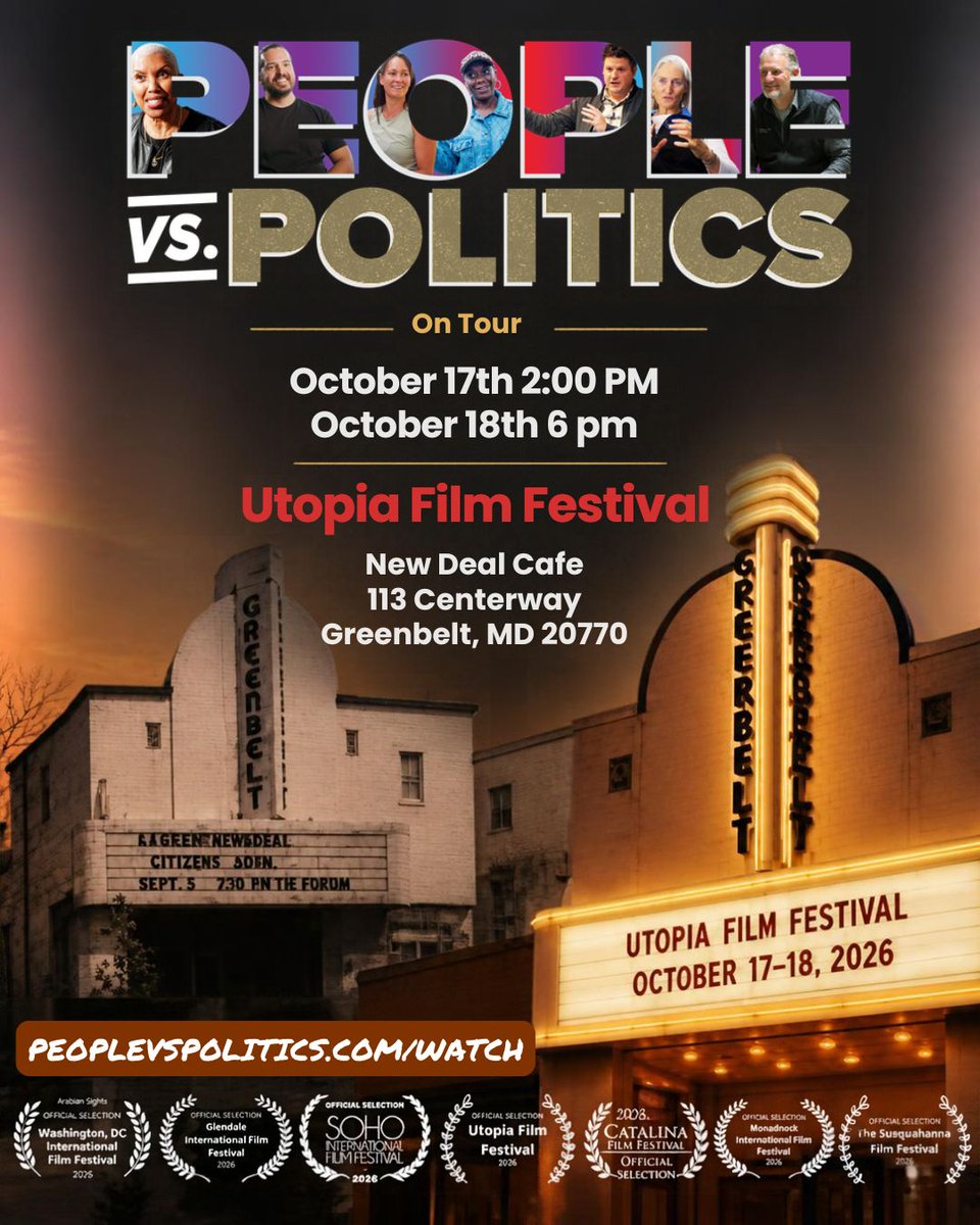 peoplevpolitics's tweet photo. Maryland friends: People vs. Politics is coming to the Utopia Film Festival in Greenbelt!
Catch the film at the New Deal Cafe: 
🎬 Saturday, October 17 at 2 PM
🎬 Sunday, October 18 at 6 PM
Two chances to catch the film on the big screen.
Tickets + details: https://t.co/9VaaiE0NBt
@LisaDTRice @LWVMD @RanktheDistrict