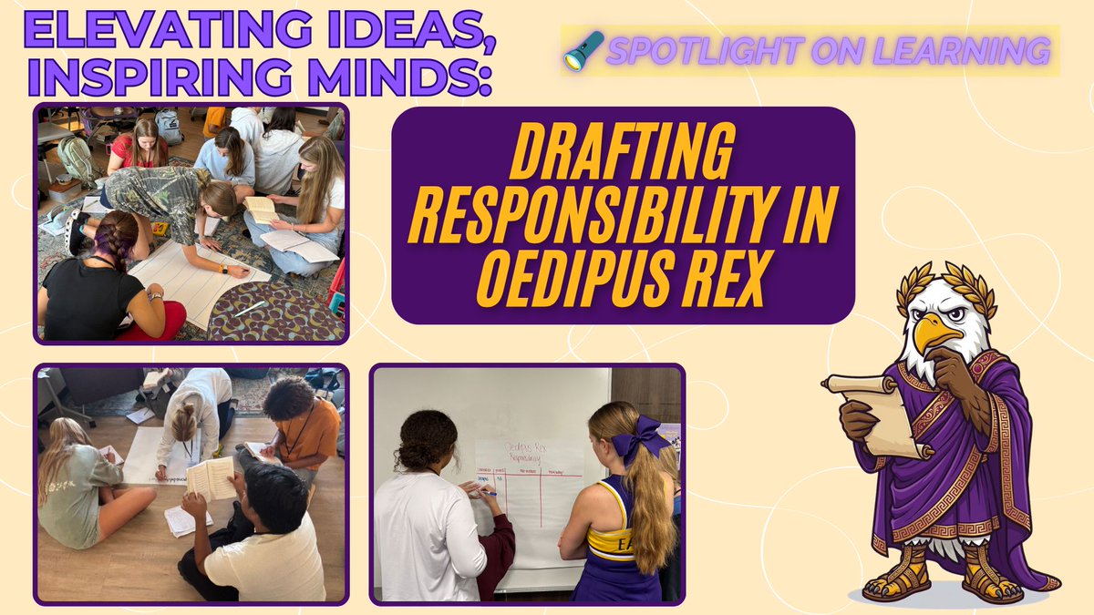 RichardsonHS1's tweet photo. 🎯100 points. One tragedy. Who gets the blame?
Mrs. Eger turned the current “drafting” trend into literary analysis as AP ENG 4 students divided points among the characters in Oedipus Rex and justified their choices with evidence.📚💜💛
#RISDDreamOn #AlwaysAnEagle #RISDInsiders https://t.co/D8ibL00mCN