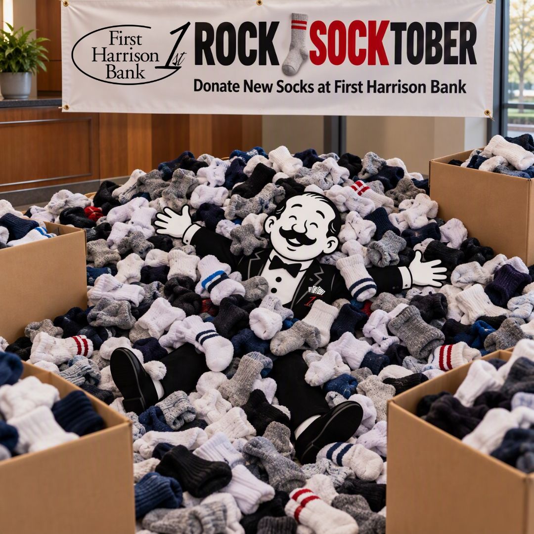 FirstHarrison's tweet photo. Rock Socktober is back!

We're teaming up with 107.7 WSFR to collect new socks throughout October for the Homeless Coalition of Southern Indiana and the Coalition for the Homeless in Kentucky.

Drop off your donation at any of our locations through October 31! https://t.co/dZnjcSpSe6