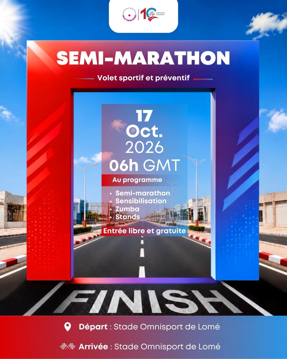 medstud_lead's tweet photo. Rendez-vous à 6 h au Stade Omnisports de Lomé pour le Semi-Marathon Rose, la journée sportive de la 10e édition du MLA Tour Rose.
Semi-marathon · Zumba · Sensibilisation · Stands
Entrée libre et gratuite. 

#MLA10ANS #OctobreRose #SemiMarathonRose #Lomé https://t.co/MljmZbPucP