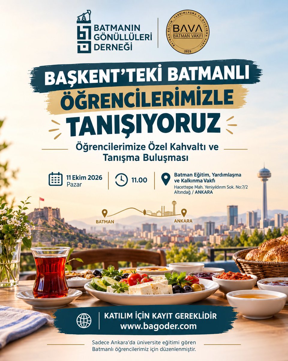 BaGoDer72's tweet photo. ☕ Kahvaltıda Öğrencilerimizle Buluşuyoruz!

Batman Eğitim, Yardımlaşma ve Kalkınma Vakfı ile Batmanın Gönüllüleri Derneği iş birliğinde, Ankara’da eğitim gören Batmanlı öğrencilerimizle kahvaltıda bir araya geliyoruz. https://t.co/V0rbl5O5iv