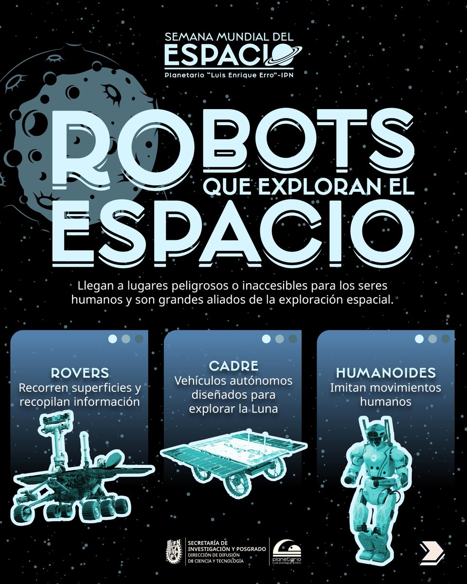 PLEE_IPNoficial's tweet photo. 🚀🤖 ¿Sabías que algunos robots pueden reparar estaciones espaciales, explorar otros mundos e incluso conversar con astronautas? 🌌 Descubre cómo impulsan la exploración espacial. 👇
💫Compartenos tu opinión
📌 https://t.co/LRq3nXNCm0
#IPN #PLEE #RobotsEspaciales https://t.co/pSI6IMUO3v