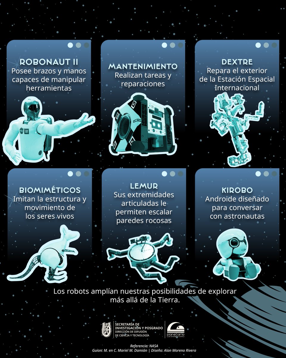 PLEE_IPNoficial's tweet photo. 🚀🤖 ¿Sabías que algunos robots pueden reparar estaciones espaciales, explorar otros mundos e incluso conversar con astronautas? 🌌 Descubre cómo impulsan la exploración espacial. 👇
💫Compartenos tu opinión
📌 https://t.co/LRq3nXNCm0
#IPN #PLEE #RobotsEspaciales https://t.co/pSI6IMUO3v