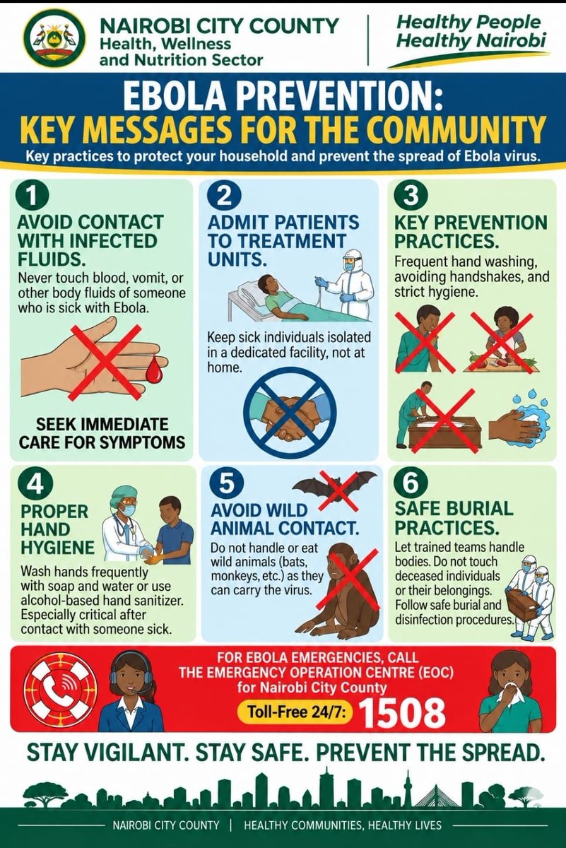 047County's tweet photo. Protecting Nairobi starts with individual and collective action. 

The Nairobi City County Health, Wellness and Nutrition Sector urges all residents to stay vigilant and observe these critical prevention measures to keep our households and city safe:
​1️⃣ Avoid contact with body fluids: Never touch blood, vomit or fluids of anyone showing symptoms. Seek medical care immediately.
2️⃣ Admit patients to treatment units: Keep sick individuals in dedicated medical facilities rather than caring for them at home.
3️⃣ Practice high hygiene standards: Wash hands regularly with soap and water or alcohol based sanitizer and avoid handshakes.
4️⃣ Avoid wild animal contact: Do not handle or consume wild animals (such as bats or monkeys).
5️⃣ Follow safe burial practices: Allow trained medical teams to handle deceased individuals and conduct proper disinfection.  

For any Ebola related emergencies or suspected cases, call the Nairobi City County Emergency Operation Centre (EOC) immediately on 1508!