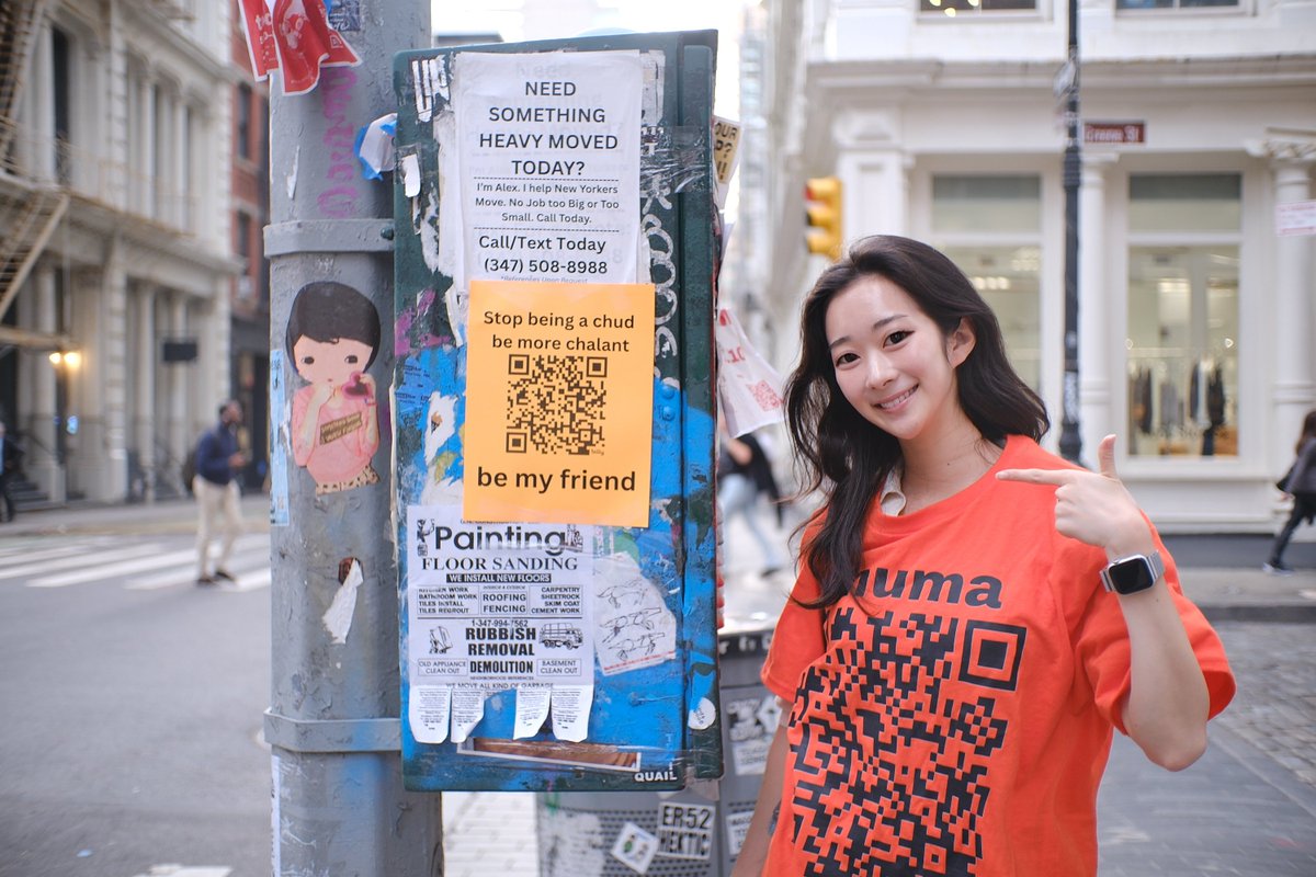 jeanxdenim's tweet photo. Out of every IRL activation we ran in NYC, the most scans came from neon paper and scotch tape that says "stop being a chud, be more chalant, be my friend."

What's the scrappiest thing that's ever worked for your growth? https://t.co/ZgBJiS7dgH