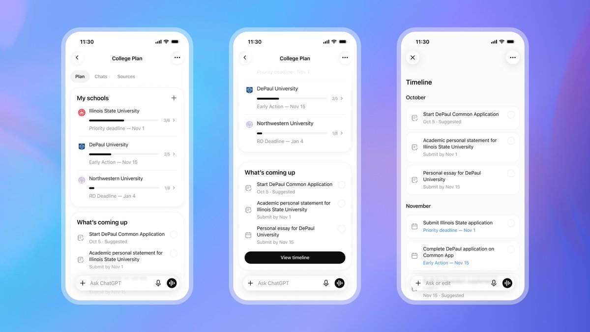 OpenAI's tweet photo. We're sharing progress on ChatGPT for Teens, our ChatGPT experience for people under 18, alongside a preview of College Planner, new study tools, and support for college advisers and teen voices.

ChatGPT for Teens applies automatically to accounts identified as belonging to someone under 18, with protections on by default.

Coming soon: College Planner brings application requirements, deadlines, tasks and financial-aid steps together for high school students in the U.S. planning to attend a four-year college.

We'll keep building these tools, evaluating how they and their protections work in practice, and sharing what we learn.

https://t.co/wtiMeor5yh