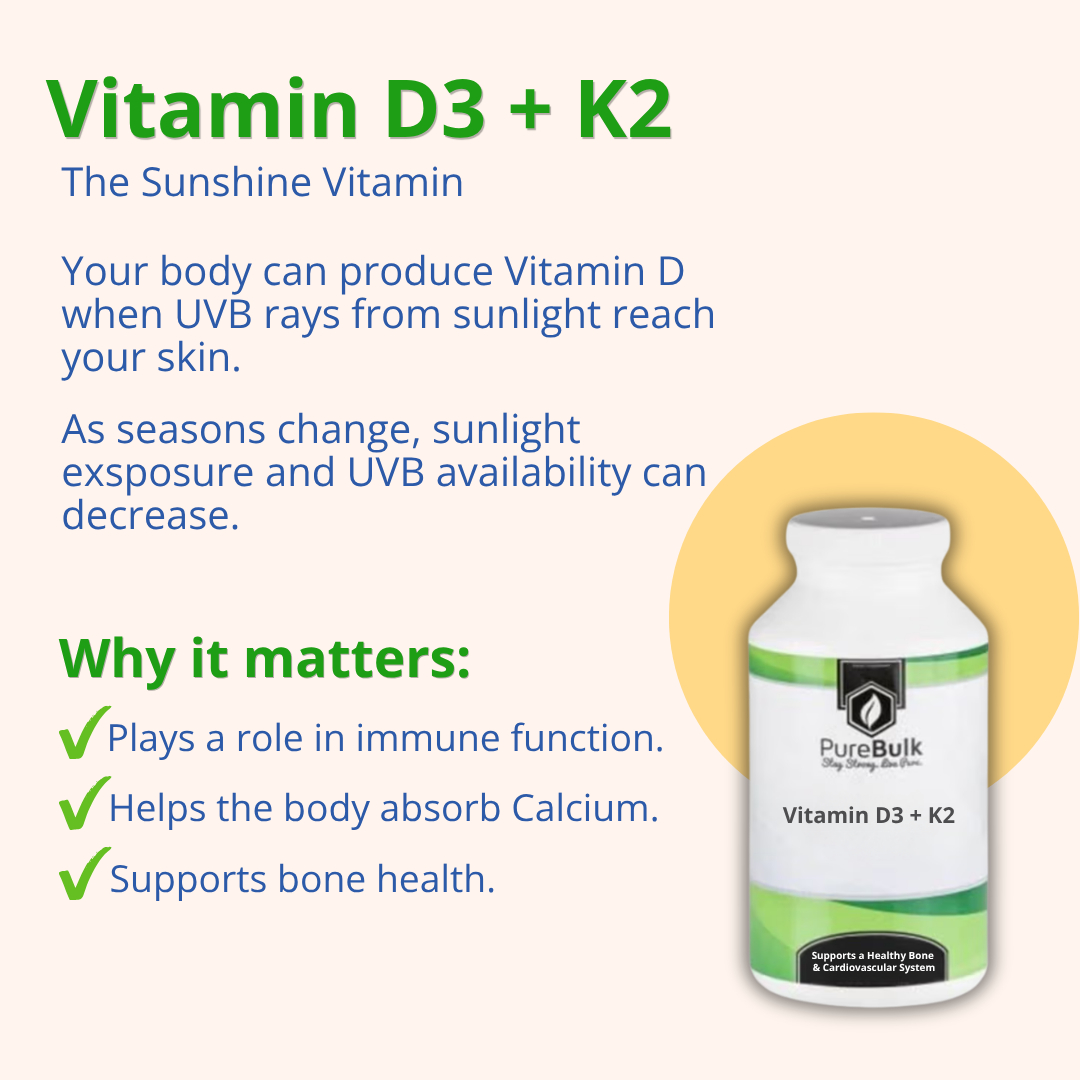 PureBulk's tweet photo. As the seasons change, so do our routines, and our exposure to sunlight. 🍂🌲

Here are 3 nutrients worth knowing as we head into the fall and winter months: Vitamin D3 + K2, Zinc Bis-Glycinate, and L-Lysine.

From supporting normal immune function to playing important roles in bone health, protein synthesis, and more, each of these nutrients plays a unique role in supporting your body year-round.

Swipe through to learn why they matter! 💚

#PureBulk #SupplementEducation #FallWellness #WinterWellness #VitaminD #Zinc #LLysine #SupplementFacts #HealthAndWellness