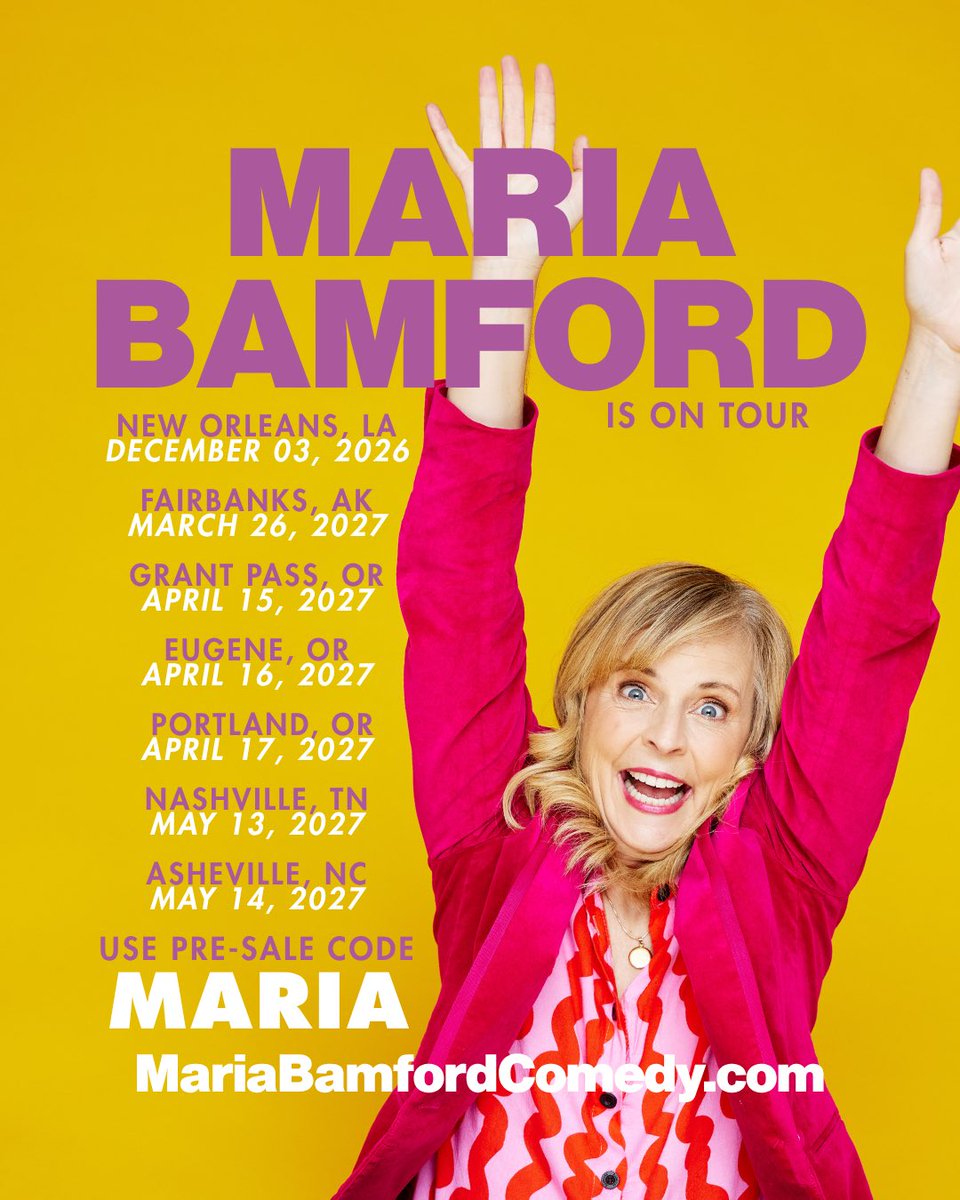 mariabamfoo's tweet photo. 🎤 The pre-sale has begun! Am I in your city?

New Orleans, LA: December 03, 2026
Fairbanks, AK: March 26, 2027
Grant Pass, OR: April 15, 2027
Eugene, OR: April 16, 2027
Portland, OR: April 17, 2027
Nashville, TN: May 13, 2027
Asheville, NC: May 14, 2027

❤️ Use code MARIA at checkout!

Get links and info at https://t.co/JpUvHzsiSW