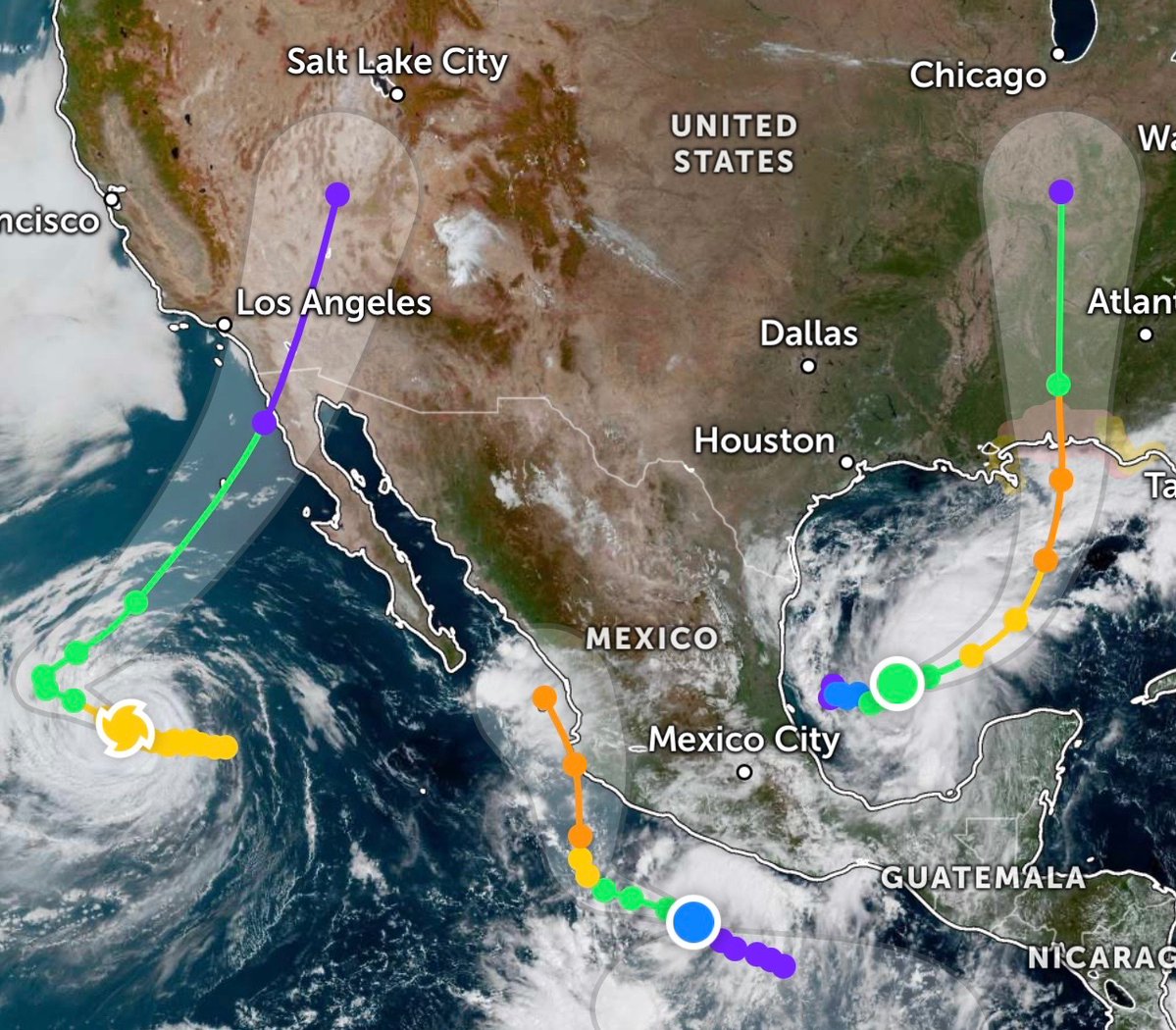 BackpirchCrew's tweet photo. This is insane. THREE different Hurricane forecast cones are now simultaneously aiming at the North American continent. https://t.co/b5ZqsCOMfa