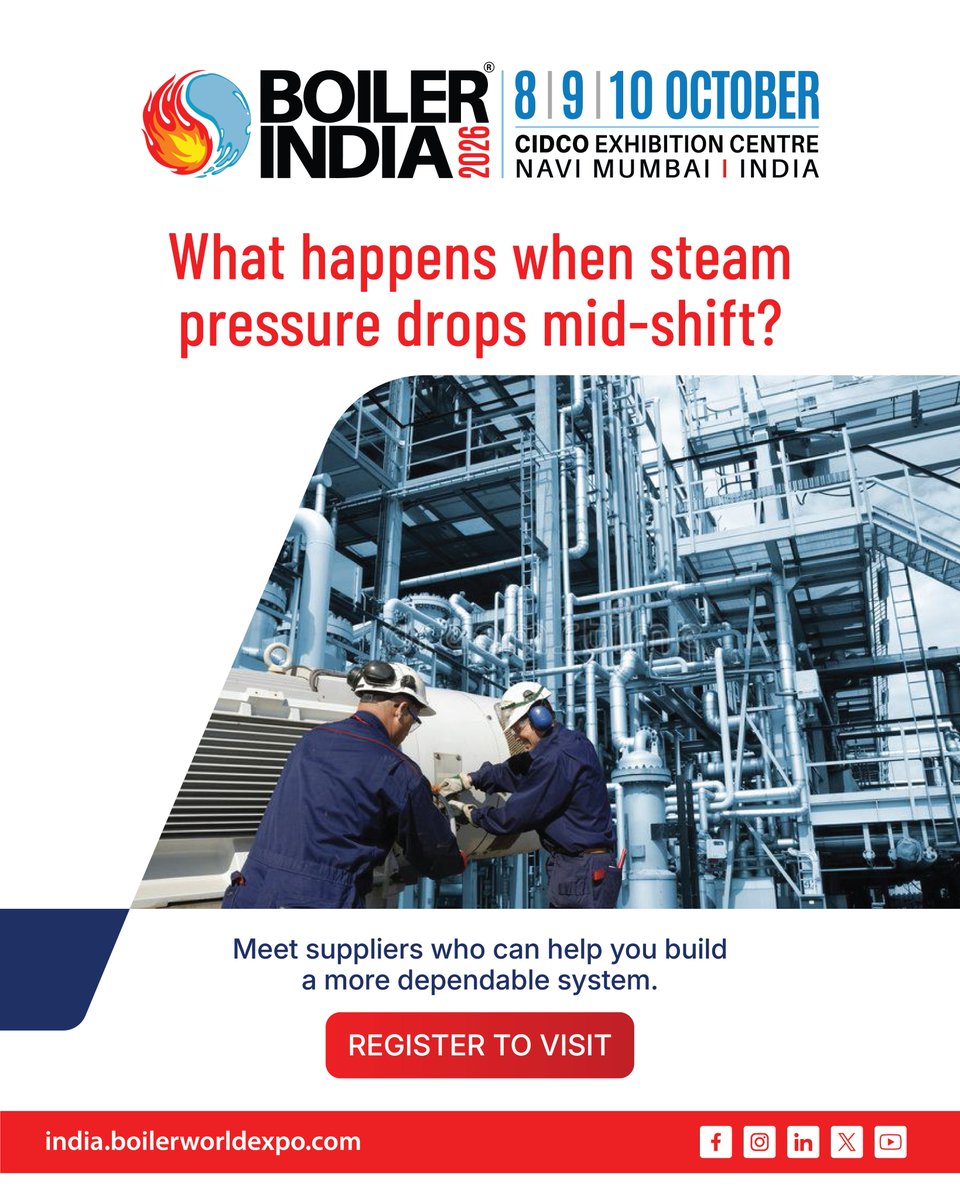 boilerworldexpo's tweet photo. A pressure drop can affect the entire process, not just the boiler room. Meet suppliers who can help build a more dependable steam system.
Register to visit Boiler India 2026: https://t.co/vakpGTRTte
#boilerindia #bi26 #boiler #manufacturing #conference #tradeshow https://t.co/yswYnRl5wH