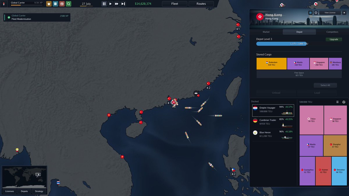 CoreKeiken's tweet photo. Bering Tonnage maps out a global shipping empire across dozens of ports, though managing dozens of individual vessels quickly strains a routing UI built for single-ship assignments. https://t.co/b3U8sBlJ4I