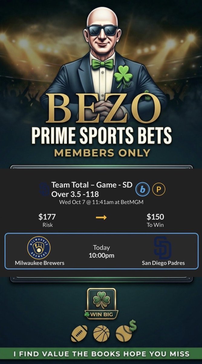 BezosBets's tweet photo. MLB Prime Play 🍀

🏆⚾️ Brewers vs Padres 
                                          
                                          SMASH❤️ https://t.co/ALS92HpymO