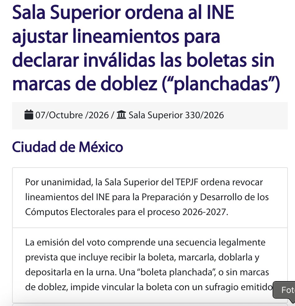 azucenau's tweet photo. 🚨#ÚLTIMAHORA  Por unanimidad, la Sala Superior del TEPJF ordenó revocar parcialmente los lineamientos del INE para la preparación y desarrollo de los cómputos electorales del proceso 2026-2027.

El Tribunal determinó que las llamadas “boletas planchadas”, es decir, aquellas sin marcas de doblez, no deberán contabilizarse como parte de la votación cuando se acredite esta condición. El INE deberá modificar los lineamientos para mantenerlas separadas de las boletas computadas.