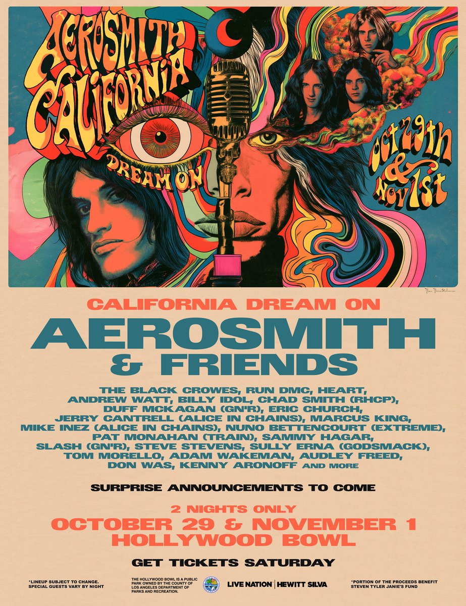 Aerosmith's tweet photo. California, Dream On 
AEROSMITH &amp; FRIENDS 
Two Nights Only at the Hollywood Bowl 🤘  

Tickets to these two historic nights go on sale Saturday, October 10 at 10 AM PDT. https://t.co/DuKnSTXNAC https://t.co/OAOho10p81