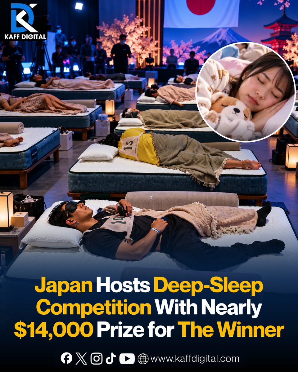 KaffDigital's tweet photo. Japan is taking napping to a whole new level!
Tokyo is set to host a 90-minute sleep tournament where participants will be judged on factors including sleep depth, quality, stability and how quickly they fall asleep.
#KaffDigital #KaffDigitalNews #Japan #SleepTournament https://t.co/eD8MzZRfU2