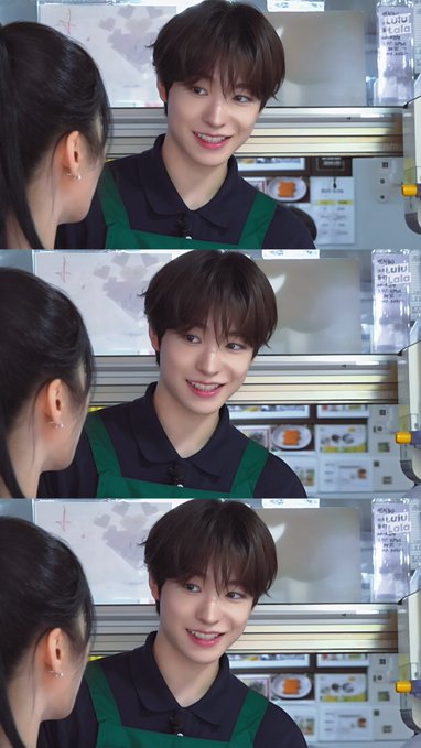 A vertical series of three screenshots showing a smiling woman with short brown hair in a green apron talking to someone in a convenience store setting.