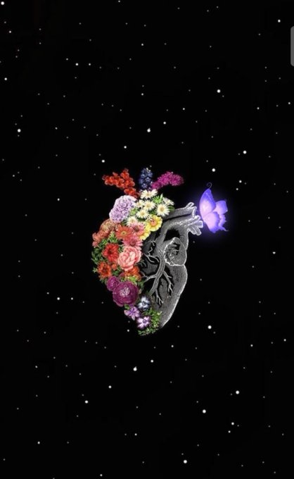 A digital illustration of an anatomical heart made of colorful flowers against a dark starry background, with a glowing purple butterfly perched on top.