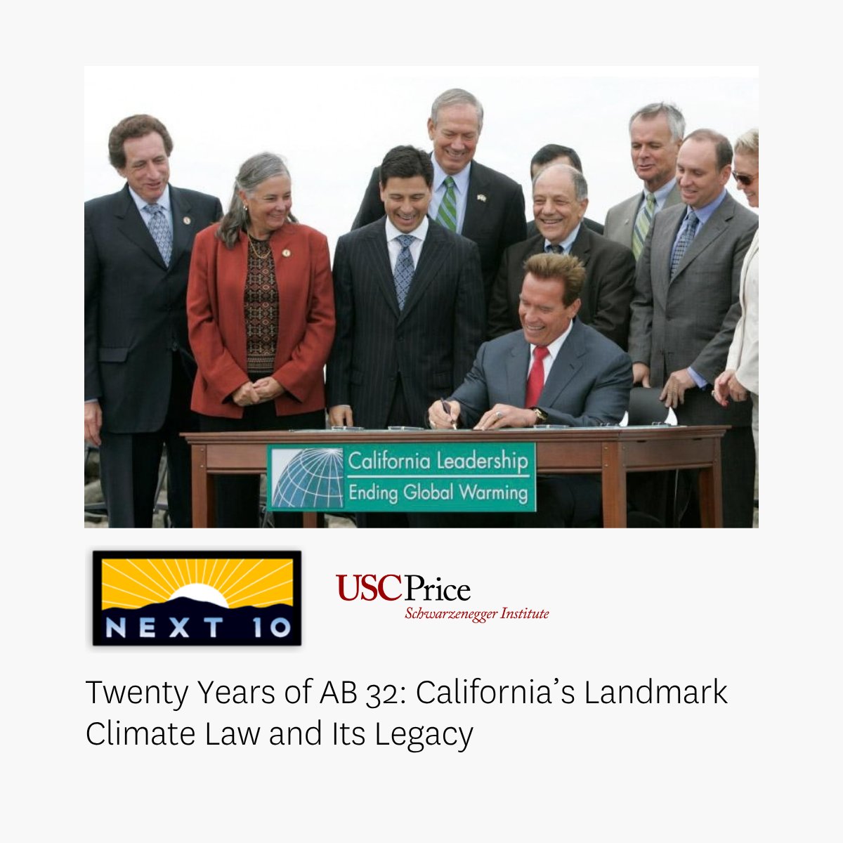 USCPrice's tweet photo. Can climate action and economic growth advance together? California’s AB 32 offers 20 years of evidence.

Co-authored by Fran Pavley, environmental policy director at the USC Schwarzenegger Institute (@GovArnoldUSC), and signed into law in 2006 by then-Gov. Arnold Schwarzenegger, AB 32 set a statewide limit on greenhouse gas emissions and helped establish California as a global climate leader.

Since its passage, the state’s GDP per capita has grown by 41% while emissions per capita have fallen by 29%. A new report from Next 10 examines what made that progress possible—and what California’s experience can teach us as growing energy demands, rising costs and aging infrastructure shape the next generation of climate policy.

Read the full report: https://t.co/Z5Tn3jH624