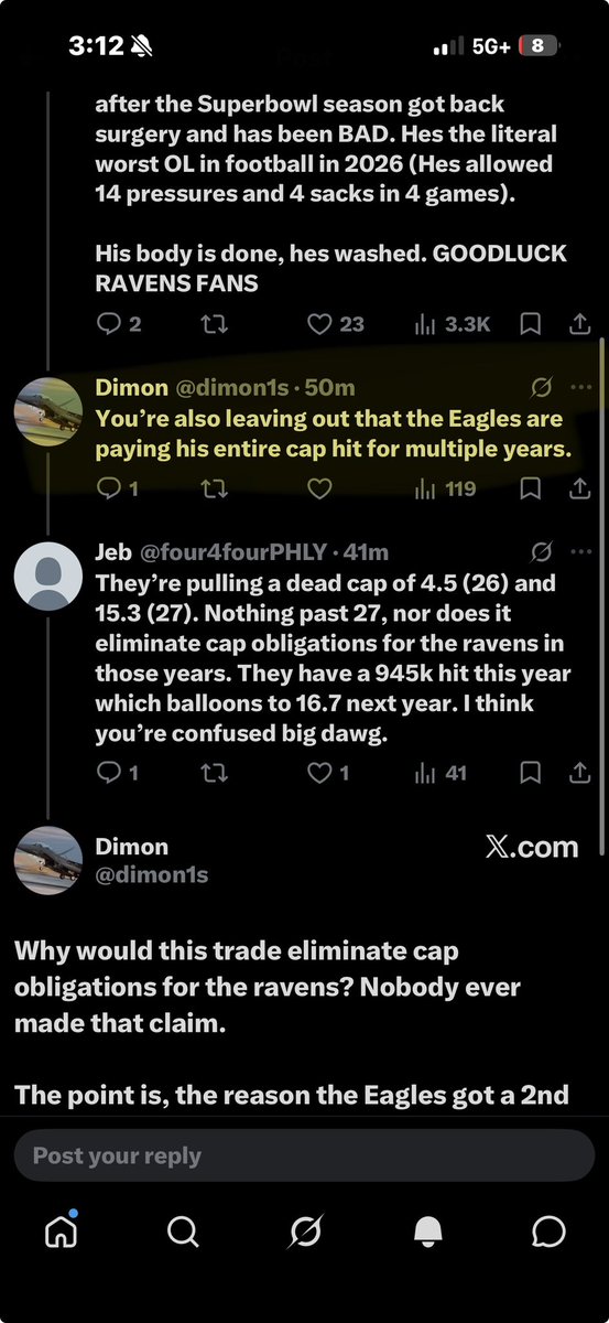four4fourPHLY's tweet photo. @dimon1s @iKnowBall0444 @RyanPaganetti You said it. “Eagles are paying His entire cap hit for multiple years” which implies the ravens aren’t. That’s not what’s happening. Eagles have a dead cap hit for 1 year outside of 2026 and they don’t absorb the entirety of his cap hit for multiple years lol. https://t.co/izeiBmiel2