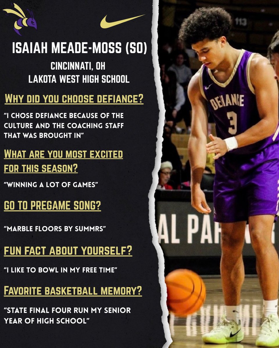 DefiCollegeMBB's tweet photo. MEET THE YELLOW JACKETS 🐝
Get to know the players who will be representing Defiance College Basketball this season!

NAME: Isaiah Meade-Moss YEAR: Sophomore  HIGH SCHOOL: Lakota West https://t.co/ng0A7WJiGl