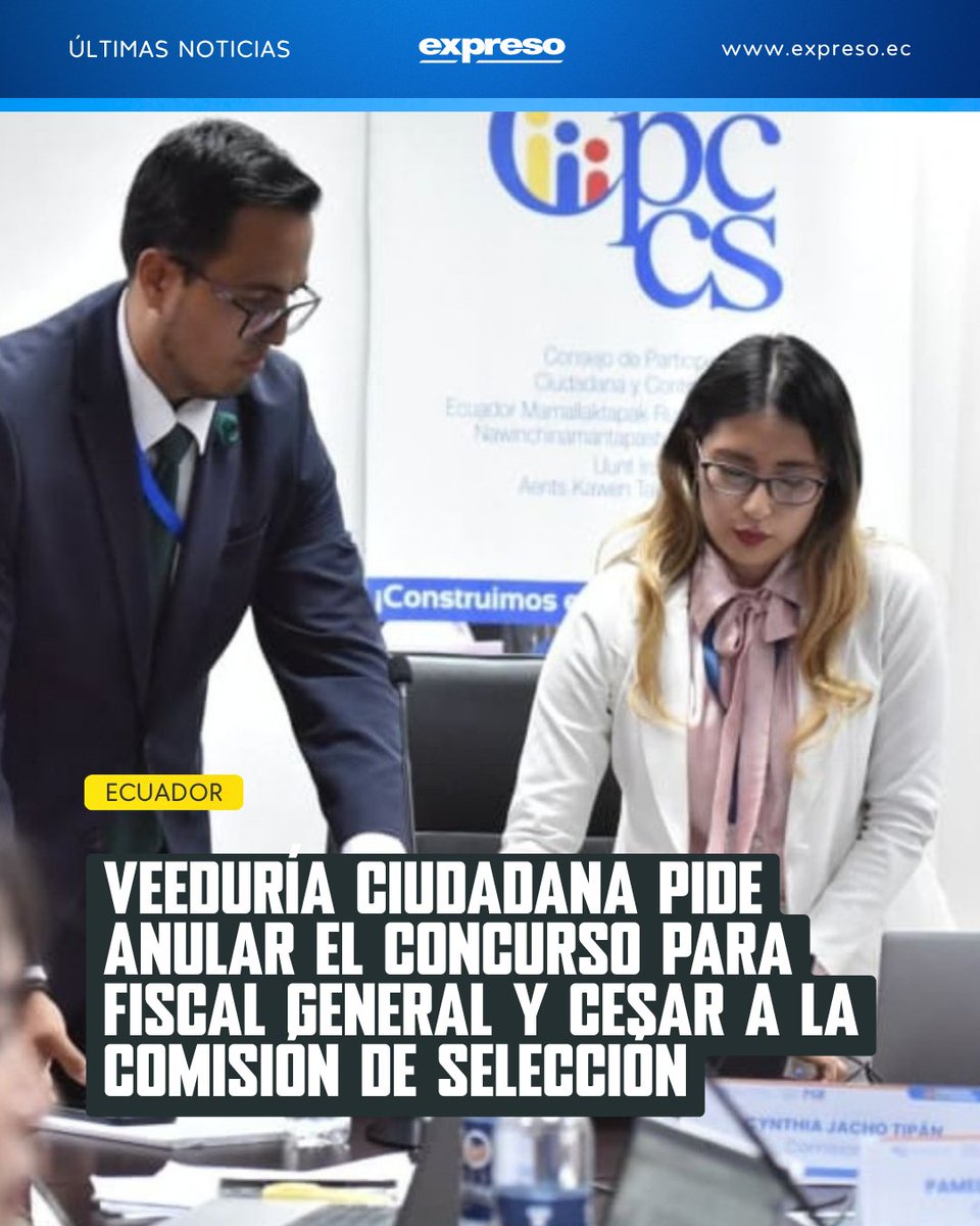 Expresoec's tweet photo. La veeduría ciudadana pidió al CPCCS anular el concurso para elegir al fiscal general, tras retirar su respaldo por presuntas anomalías. También solicitó el cese de los comisionados y una audiencia para exponer sus alertas.

Lee más 👇 https://t.co/NpQ5UfqqAy https://t.co/bmazwrhRpp